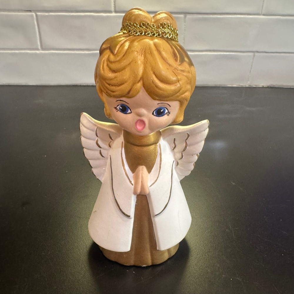 Vintage Singing Angel Figurine Christmas Decor 8 inch White Gold Mid Century